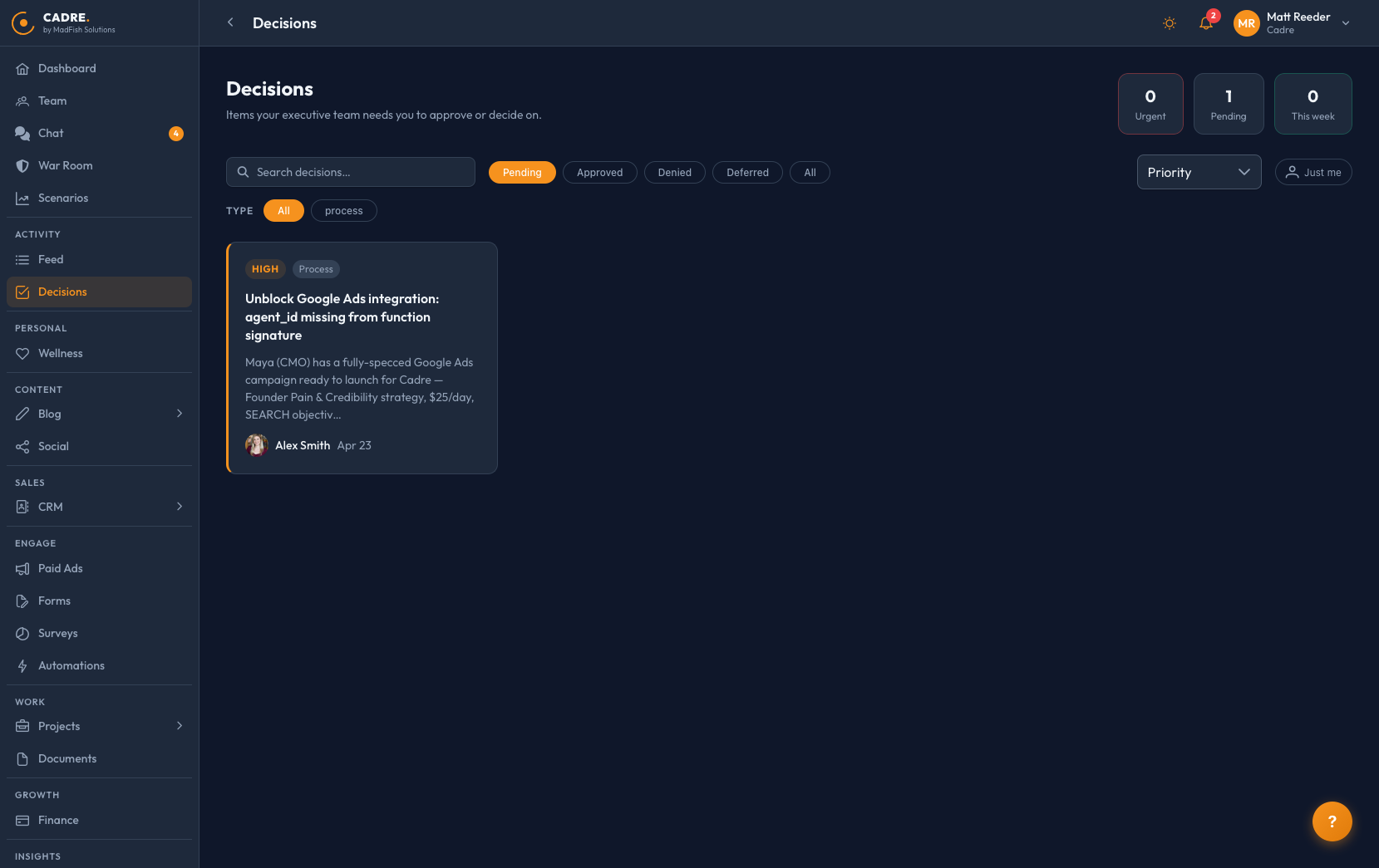 Decisions screen